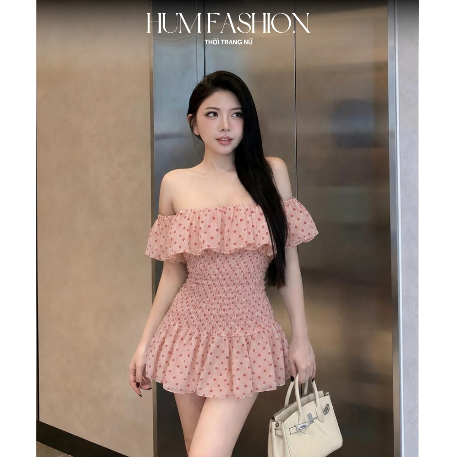 Váy trễ vai nhún eo phối bèo, Đầm trễ vai voan tơ chấm bi bo chun eo xòe tầng bồng bềnh Hum Fashion