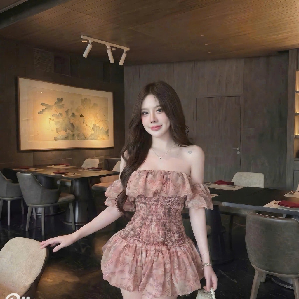 Váy trễ vai nữ họa tiết hoa dệt bồng bềnh, đầm nữ chiết eo tôn dáng phong cách tiểu thư