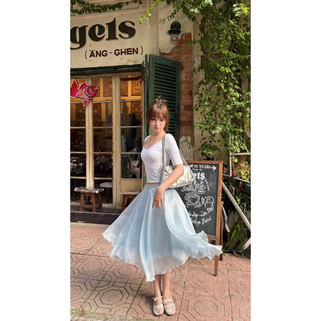 Set bộ nữ áo thun tay lửng phối chân váy lụa midi xoè dài dáng hàn quốc xanh pastel