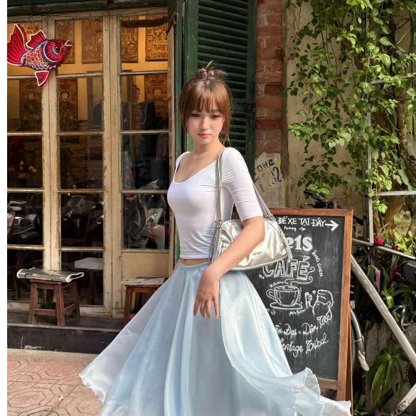 Set bộ nữ áo thun tay lửng phối chân váy lụa midi xoè dài dáng hàn quốc xanh pastel