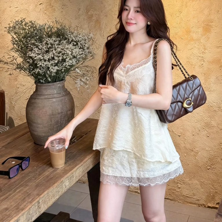 Set bộ nữ lụa mềm 2 dây phối ren kèm chân váy viền ren sang chảnh, set đồ nữ thanh lịch tôn dáng