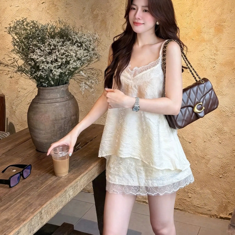 Set bộ nữ lụa mềm 2 dây phối ren kèm chân váy viền ren sang chảnh, set đồ nữ thanh lịch tôn dáng