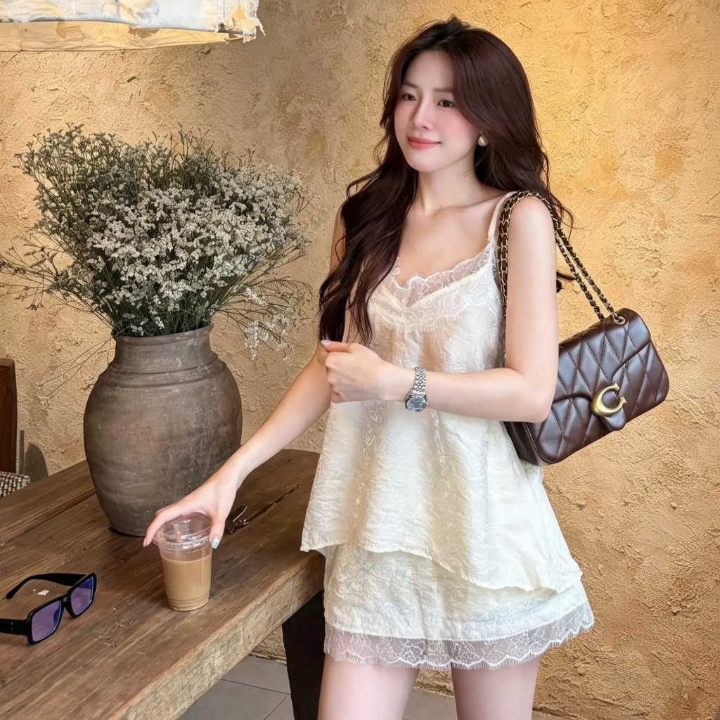 Set bộ nữ lụa mềm 2 dây phối ren kèm chân váy viền ren sang chảnh, set đồ nữ thanh lịch tôn dáng
