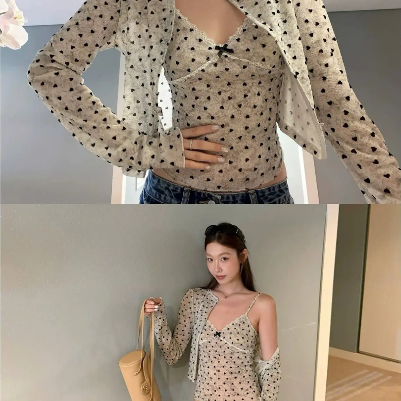 Set bộ nữ áo 2 dây đính nơ ôm body phối cardigan khoác ngoài nhẹ nhàng thanh lịch