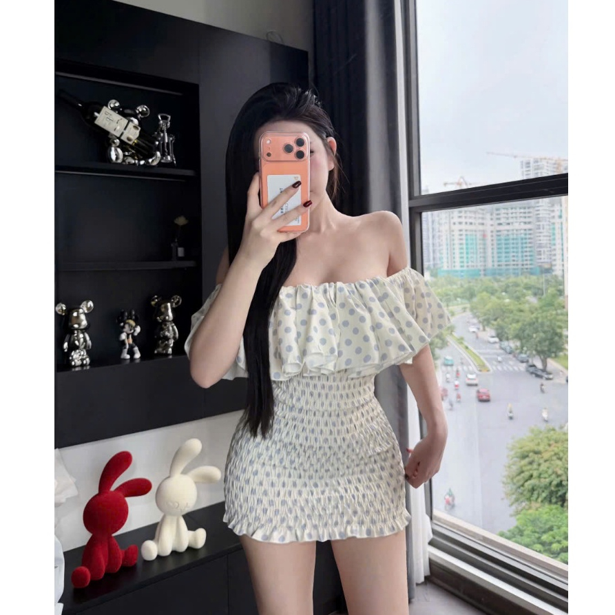 Đầm voan tơ trễ vai bèo nhún bo chun ôm body Hum Fashion