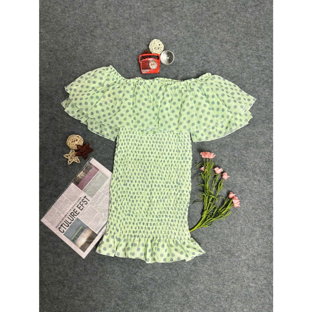 Đầm voan tơ trễ vai bèo nhún bo chun ôm body Hum Fashion