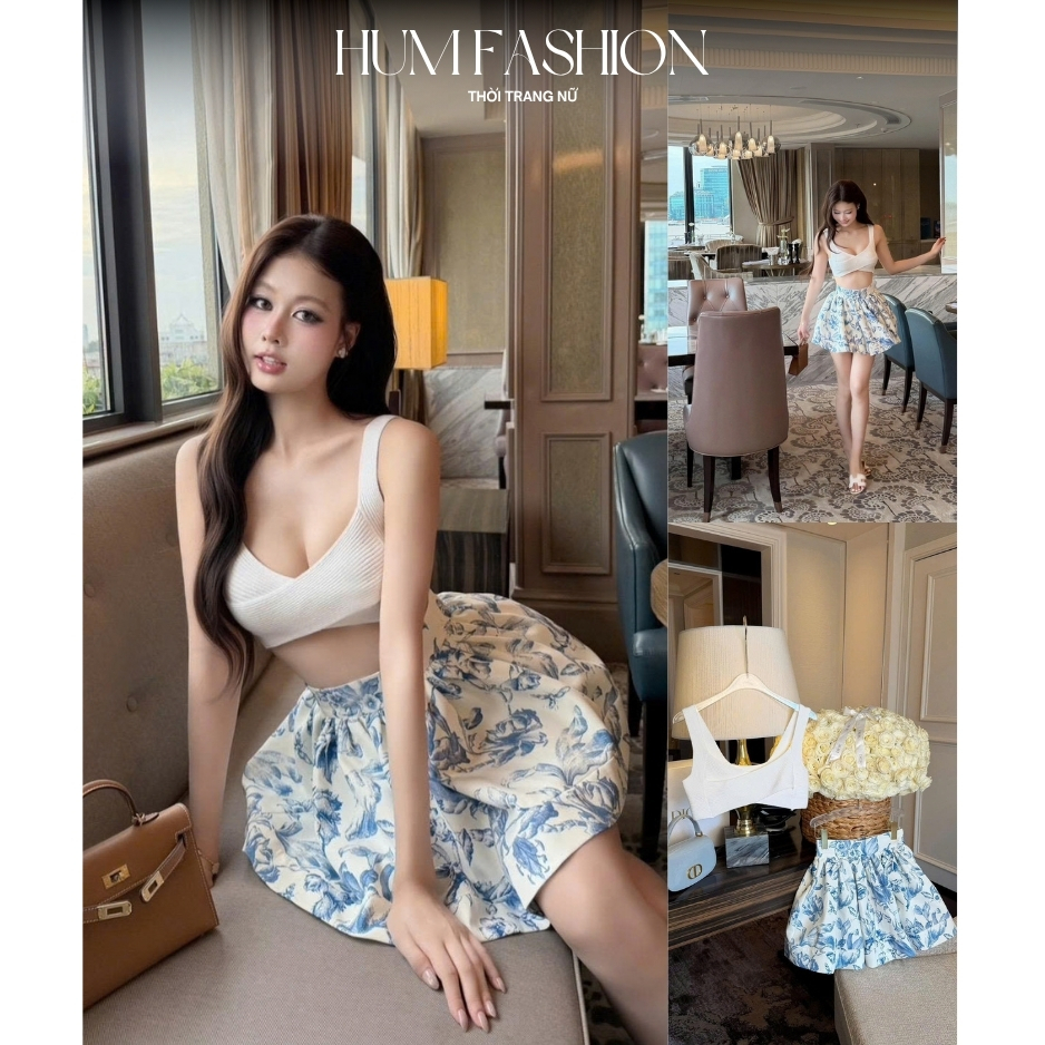 Set áo croptop 2 dây cúp ngực màu trắng phối chân váy xòe hoa loang xanh dương tiểu thư Hum Fashion