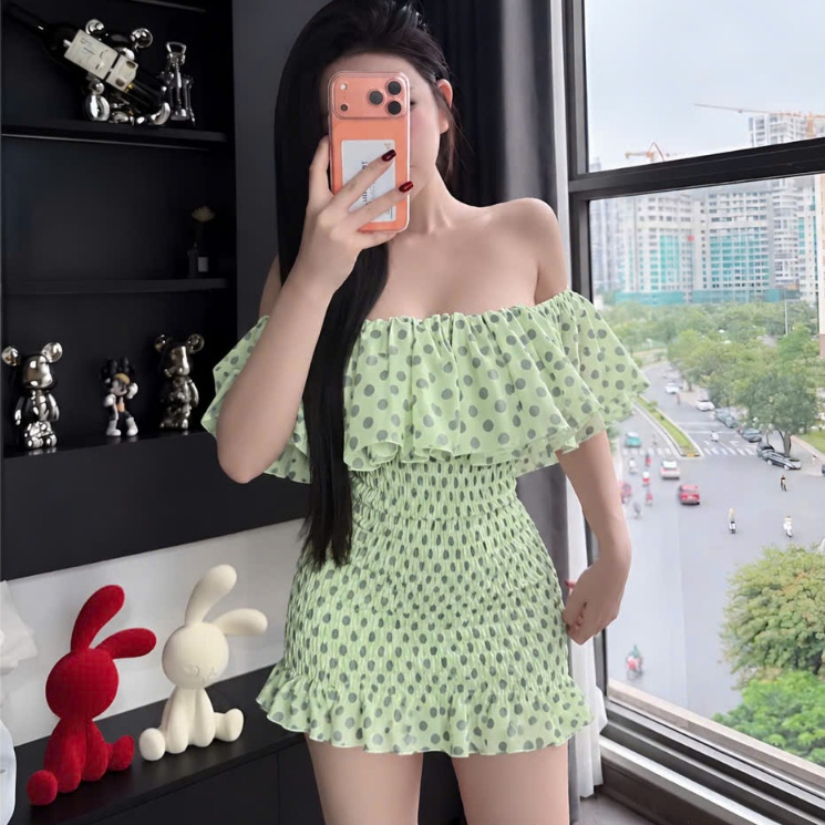 Đầm voan tơ trễ vai bèo nhún bo chun ôm body Hum Fashion