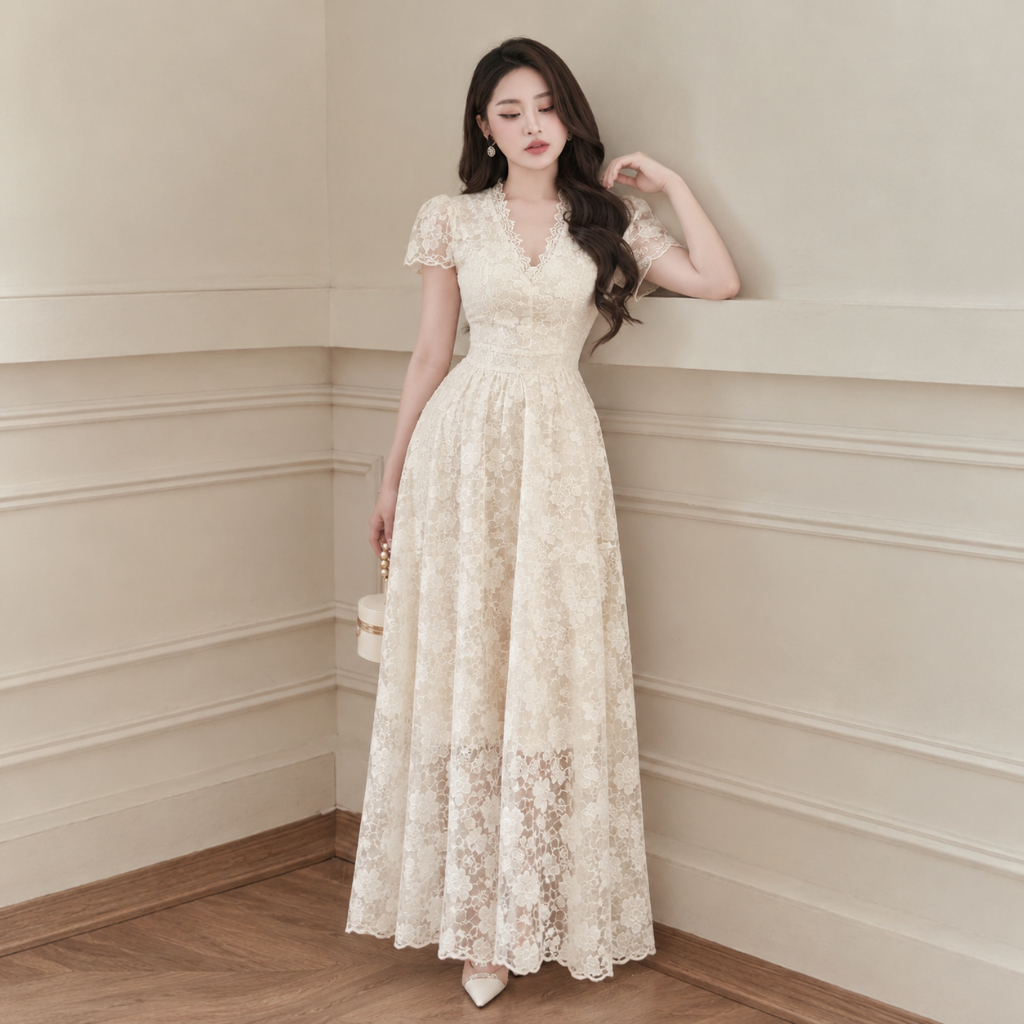 Đầm váy nữ ren ngắn tay cổ chữ V dáng dài xòe xinh xắn có lớp lót mềm mịn đi tiệc Mochi Trend