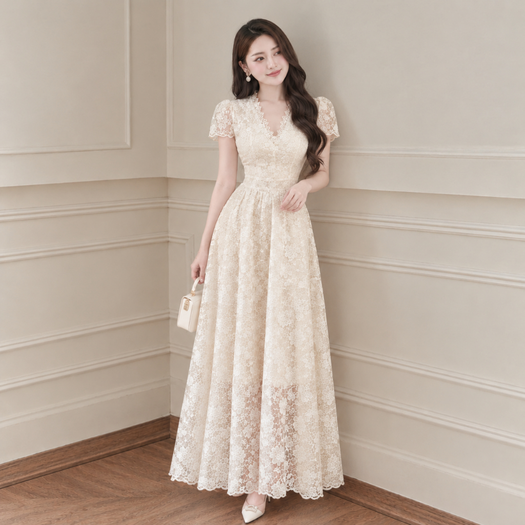 Đầm váy nữ ren ngắn tay cổ chữ V dáng dài xòe xinh xắn có lớp lót mềm mịn đi tiệc Mochi Trend