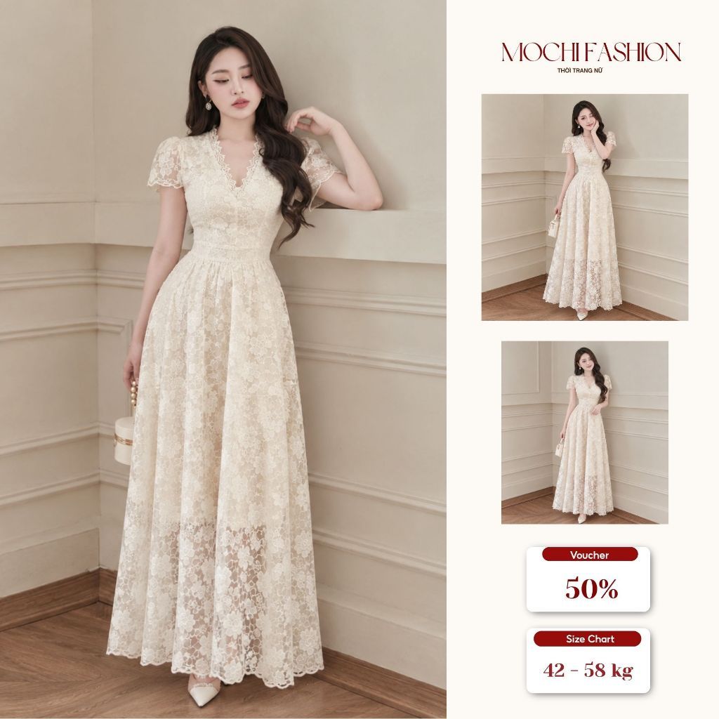 Đầm váy nữ ren ngắn tay cổ chữ V dáng dài xòe xinh xắn có lớp lót mềm mịn đi tiệc Mochi Trend