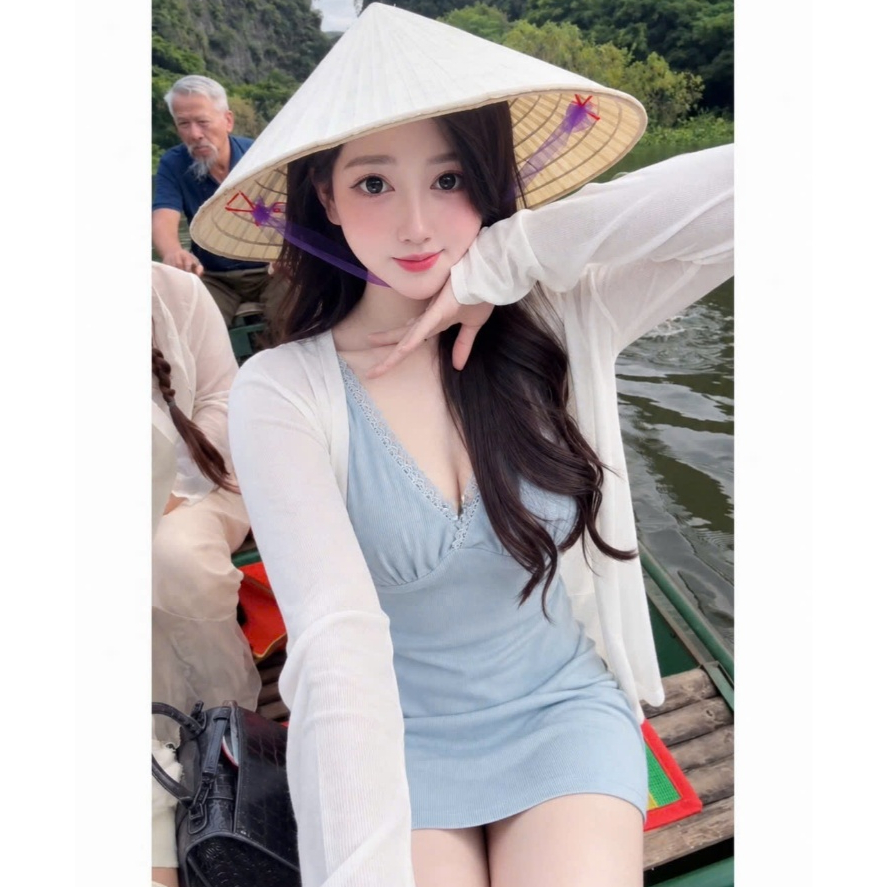 Set Váy 2 dây nữ cổ phối ren màu pastel mix áo cardigan mỏng nhẹ nữ tính Mochi Trend
