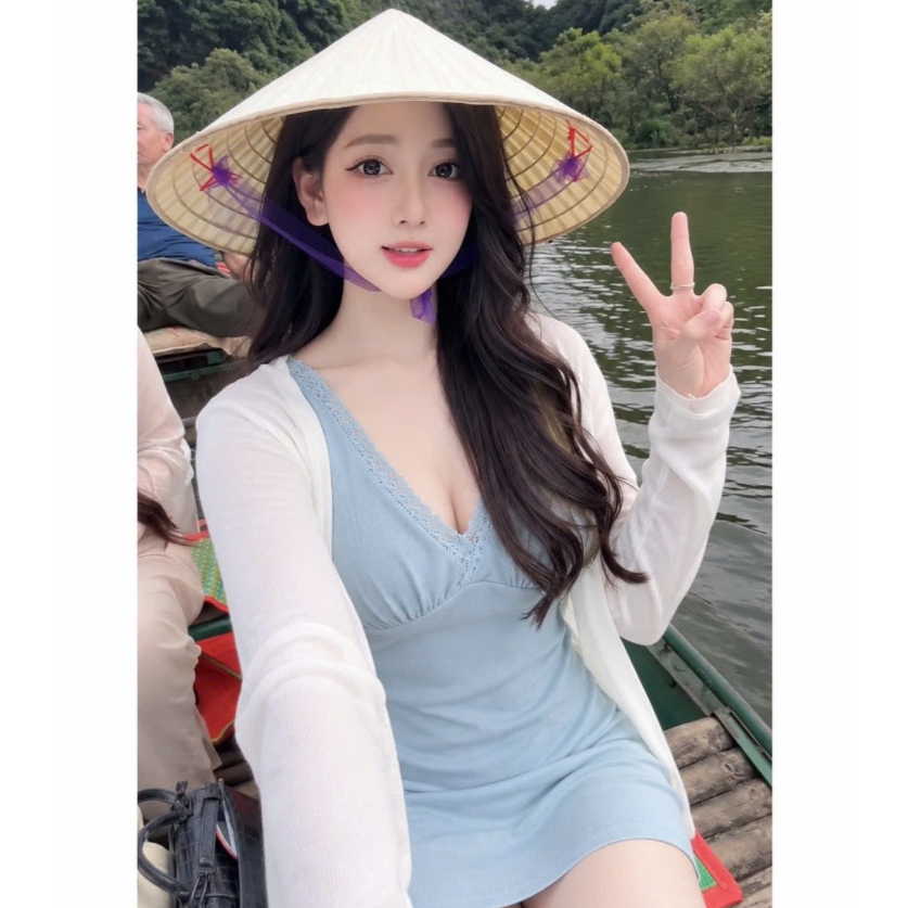 Set Váy 2 dây nữ cổ phối ren màu pastel mix áo cardigan mỏng nhẹ nữ tính Mochi Trend