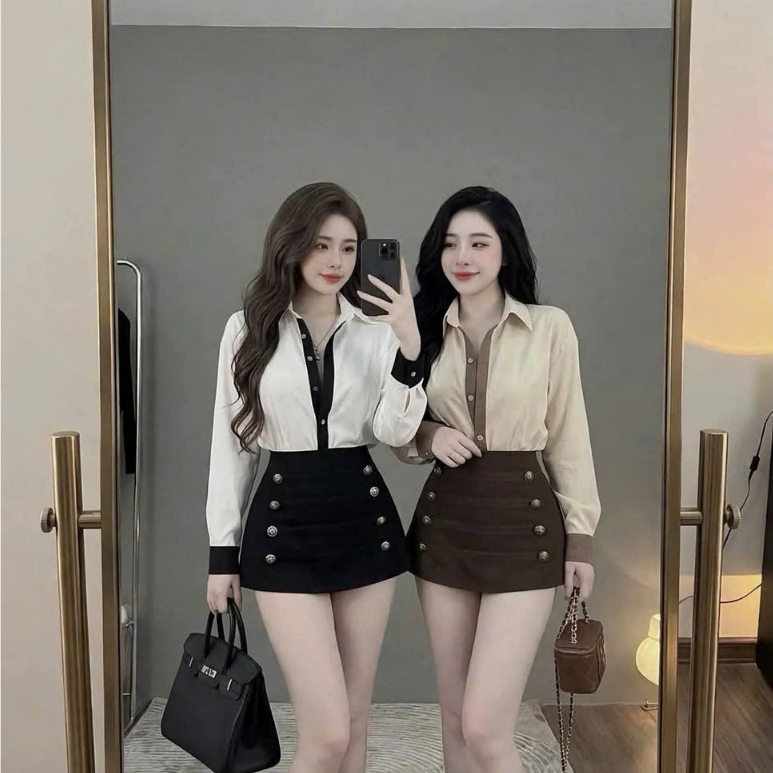Set bộ nữ Áo sơ mi phối chân váy mix khuy năng động sang chảnh đi chơi dạo phố tiện lợi Mochi Trend