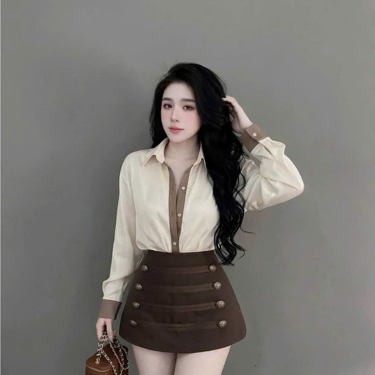 Set bộ nữ Áo sơ mi phối chân váy mix khuy năng động sang chảnh đi chơi dạo phố tiện lợi Mochi Trend