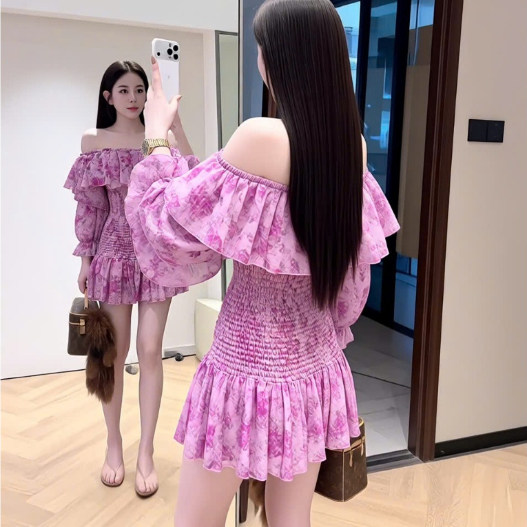 Vãy nữ trễ vai hoạ tiết hoa thêu nổi sang chảnh, váy nữ chất tơ có lớp lót đi chơi đi tiệc Mochi Trend