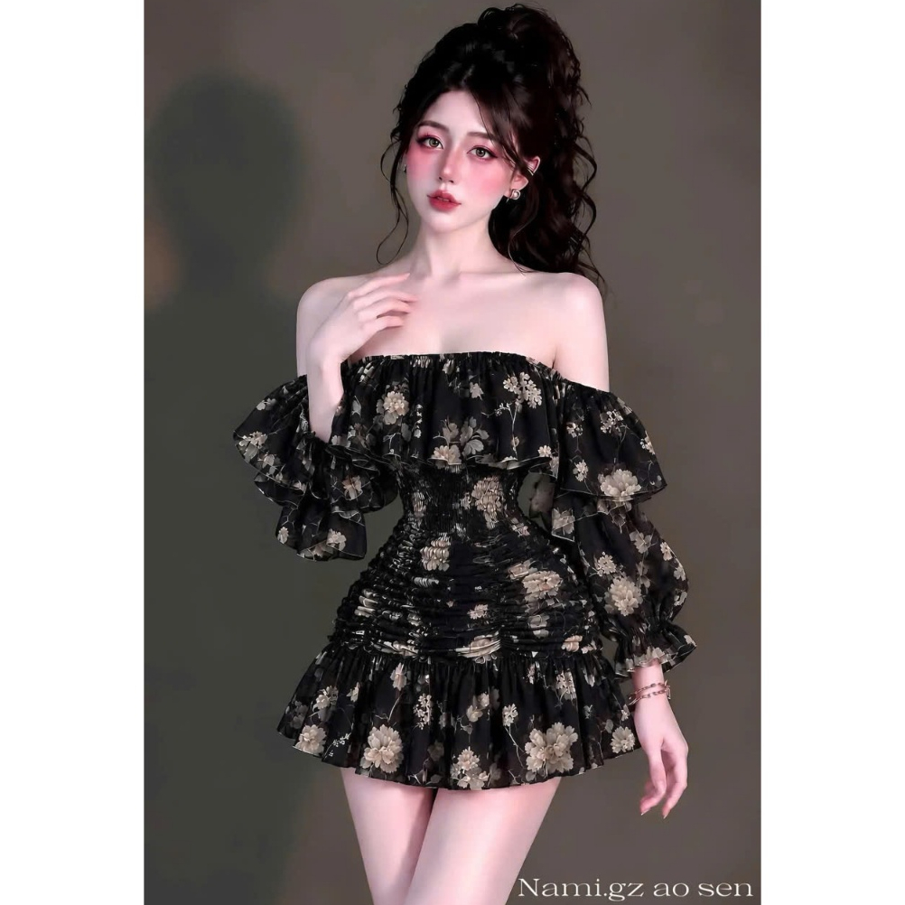 Vãy nữ trễ vai hoạ tiết hoa thêu nổi sang chảnh, váy nữ chất tơ có lớp lót đi chơi đi tiệc Mochi Trend