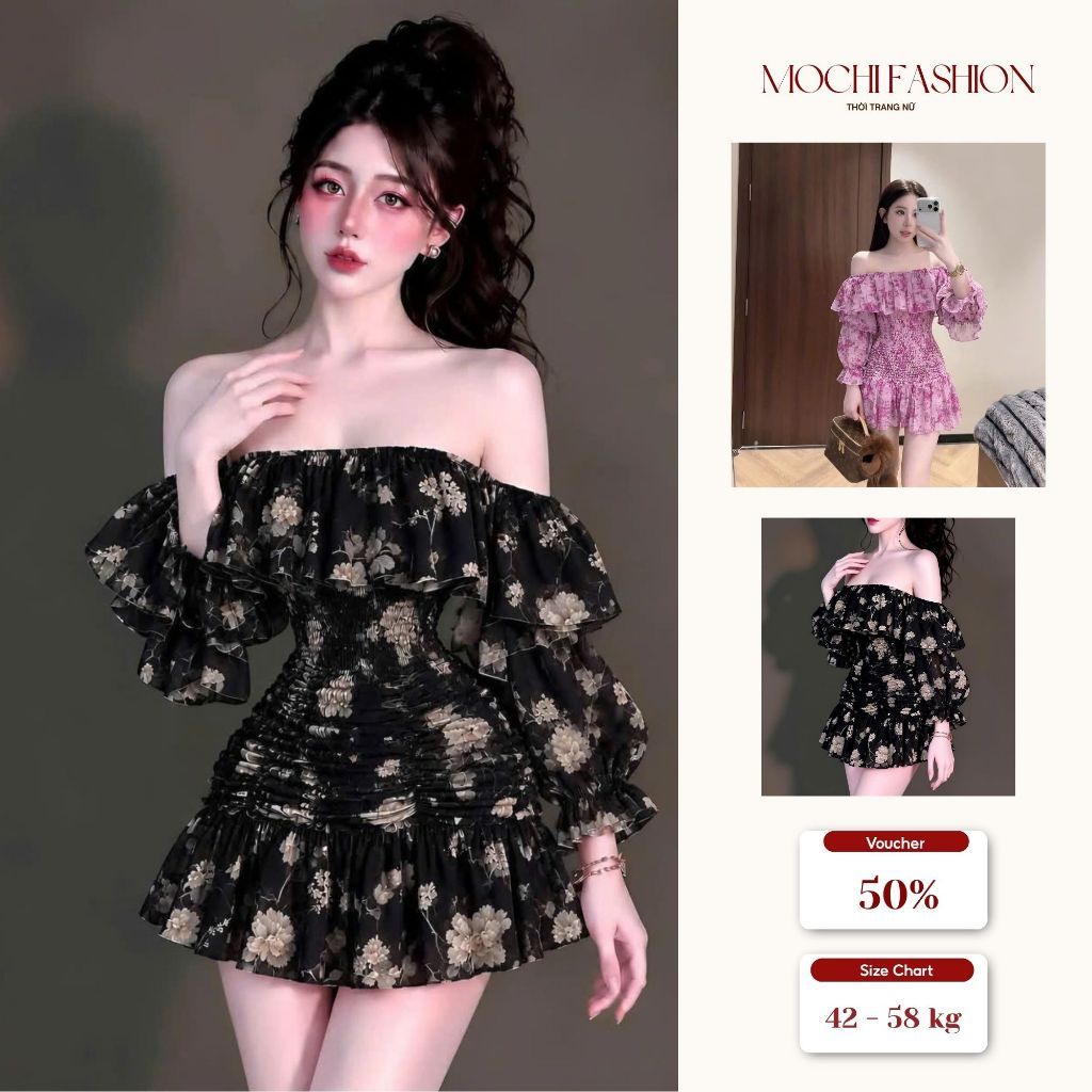 Vãy nữ trễ vai hoạ tiết hoa thêu nổi sang chảnh, váy nữ chất tơ có lớp lót đi chơi đi tiệc Mochi Trend