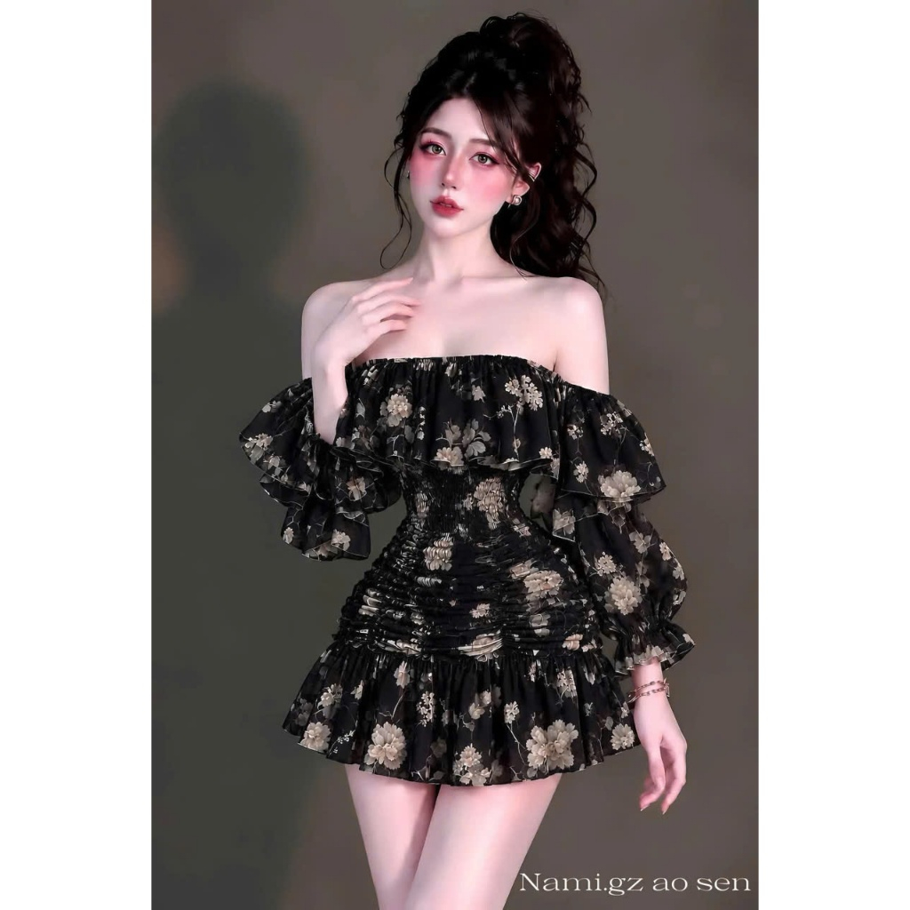Đầm voan tơ trễ vai bèo nhún hoa vintage bo chun eo tay lỡ bồng Hum Fashion