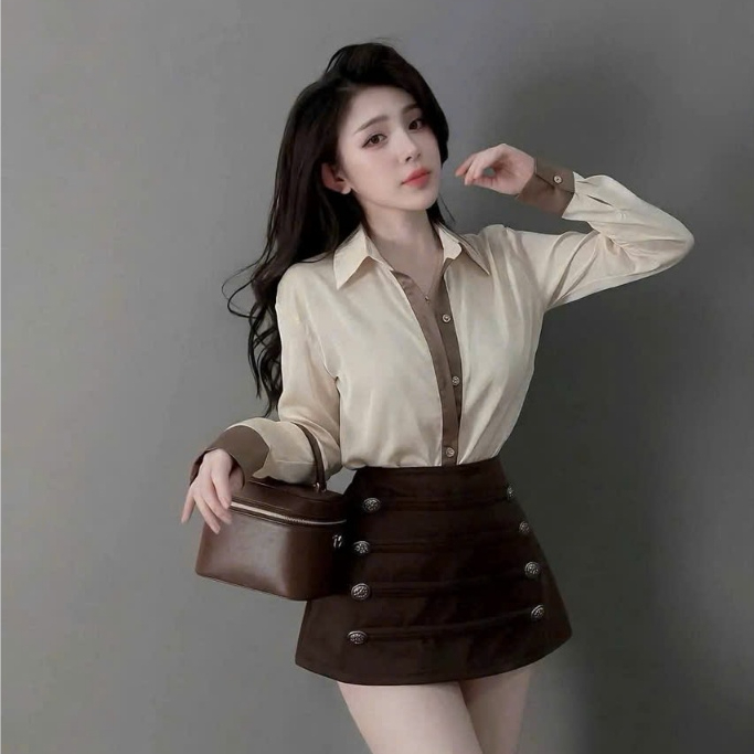 Set bộ nữ Áo sơ mi phối chân váy mix khuy năng động sang chảnh đi chơi dạo phố tiện lợi Mochi Trend