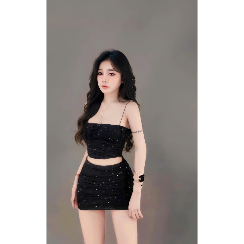 Sét đồ nữ hotrend áo 2S lưới đính đá chân váy nhún ôm body cá tính quyến rủ thời trang mới mẻ và nổi bật