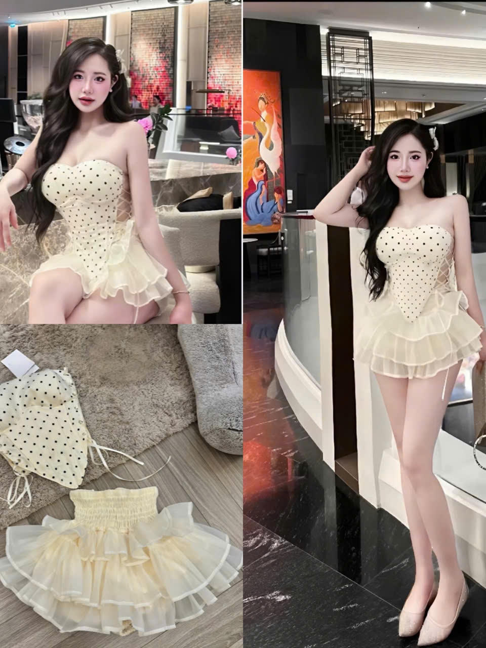 Sét áo đầm body chấm bi chất thun bo mềm mịn đi chơi đi chơi sang chảnh