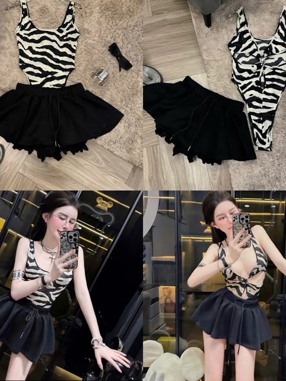Sét đồ nữ hotrend áo bodysuit vằn ngựa khoét lỗ mix chân váy xòe chất liệu thun mềm mại và mango phong cách hiện đại