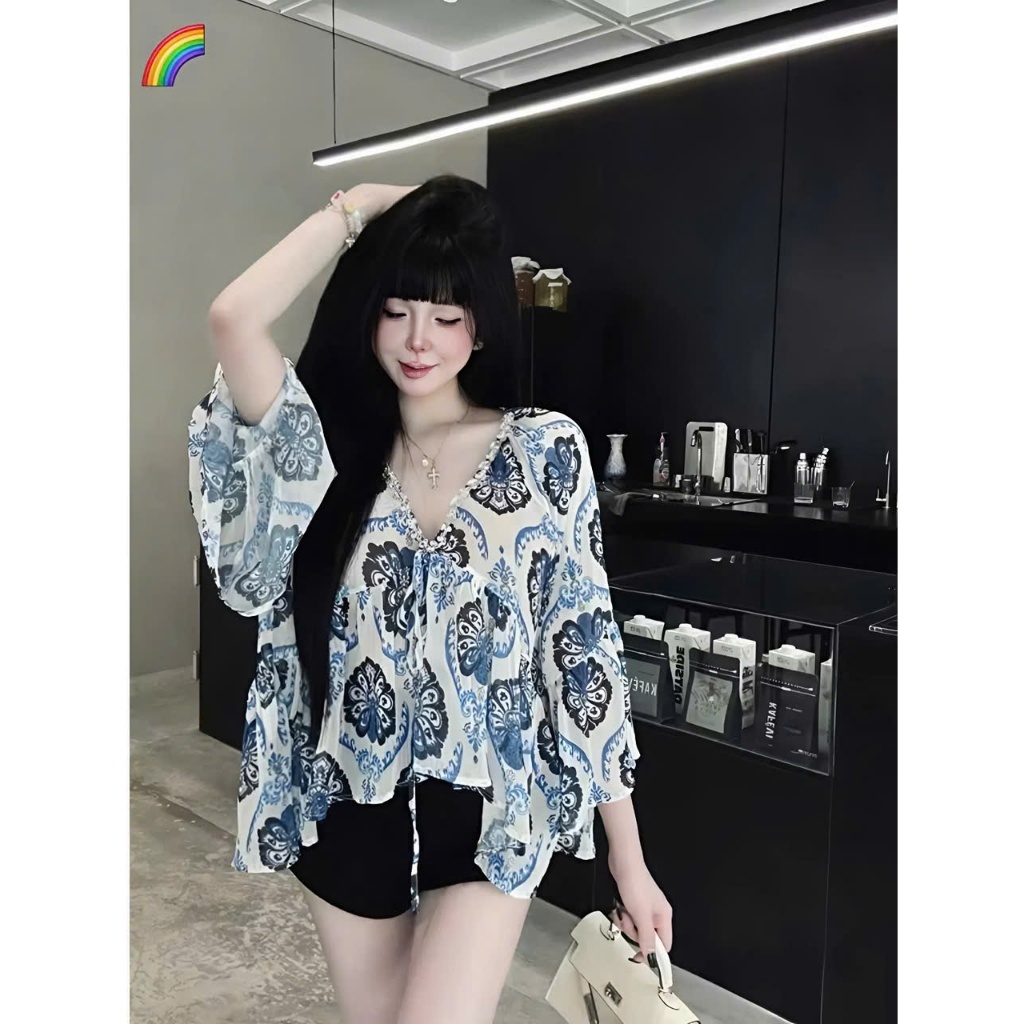 Áo nữ babydoll voan tơ mỏng nhẹ cổ V trang trí đá