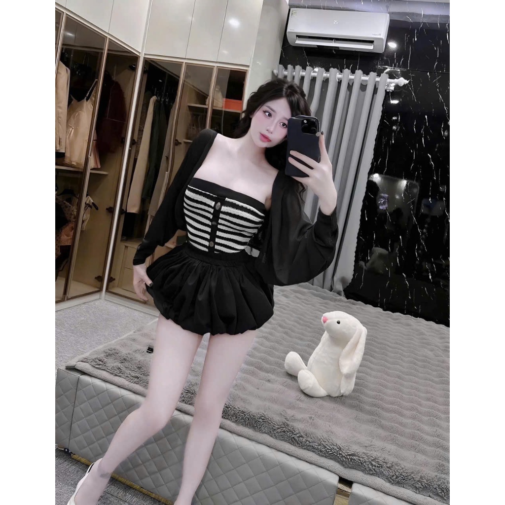 Sét đồ nữ thu đông 3 món váy dáng bí áo cúp sọc kẻ đính nút mix áo khoác chất liệu thun giấy và mango