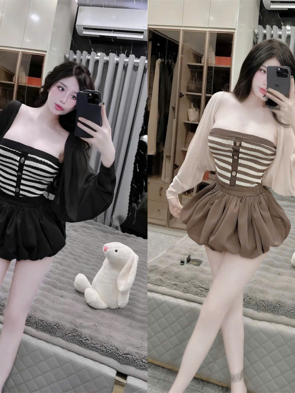 Sét đồ nữ thu đông 3 món váy dáng bí áo cúp sọc kẻ đính nút mix áo khoác chất liệu thun giấy và mango