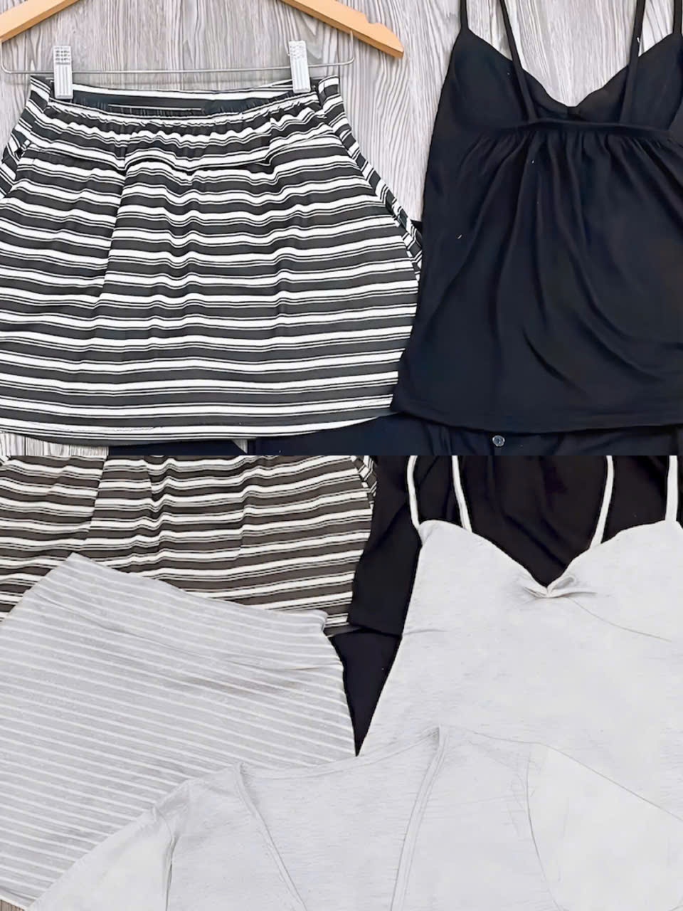 Sét đồ nữ 3 món chân váy sọc kẻ áo thun 2 dây kèm áo khoác chất liệu thun cotton co giãn có lót và mút thời trang cho nữ