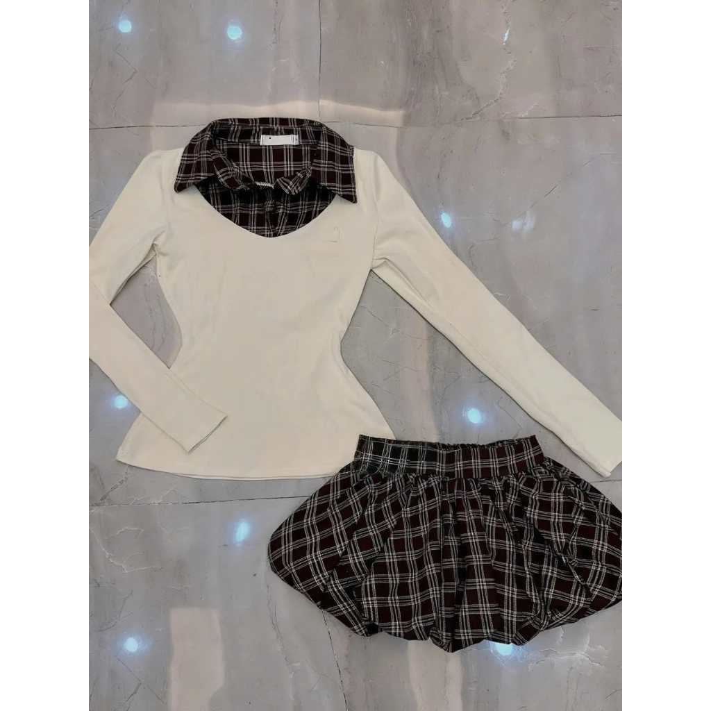 Sét đồ nữ thu đông phong cách học đường quần caro dáng bí phối áo thun borip chất liệu caro cotton