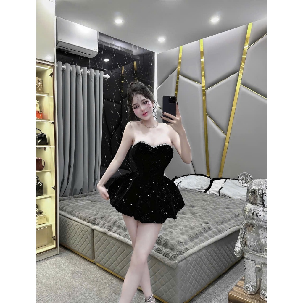 Đầm cúp nhung kim sa đính đá dáng bí kèm quần bảo hộ cho nữ mùa giáng sinh chất liệu mềm mại đính đá tinh tế