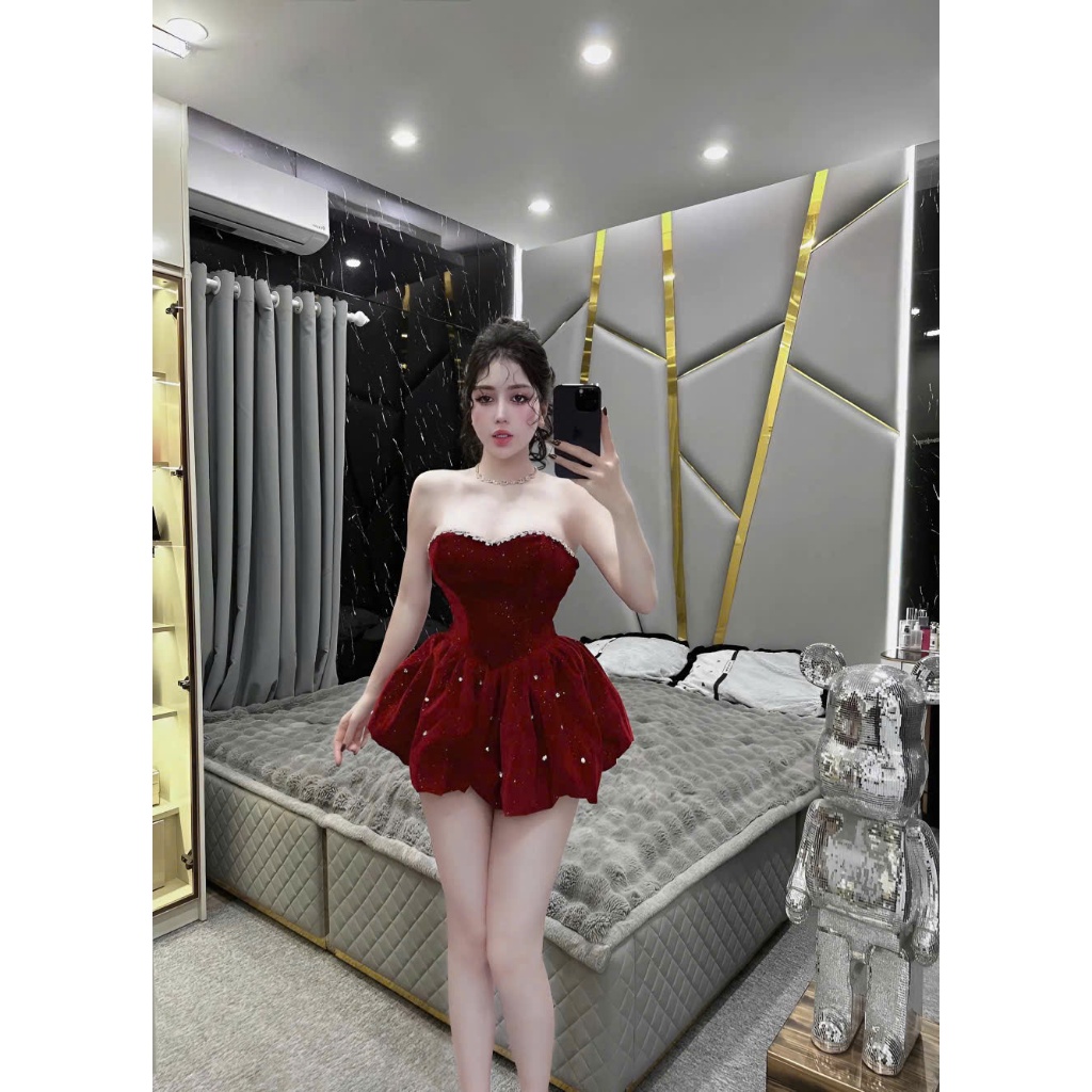 Đầm cúp nhung kim sa đính đá dáng bí kèm quần bảo hộ cho nữ mùa giáng sinh chất liệu mềm mại đính đá tinh tế