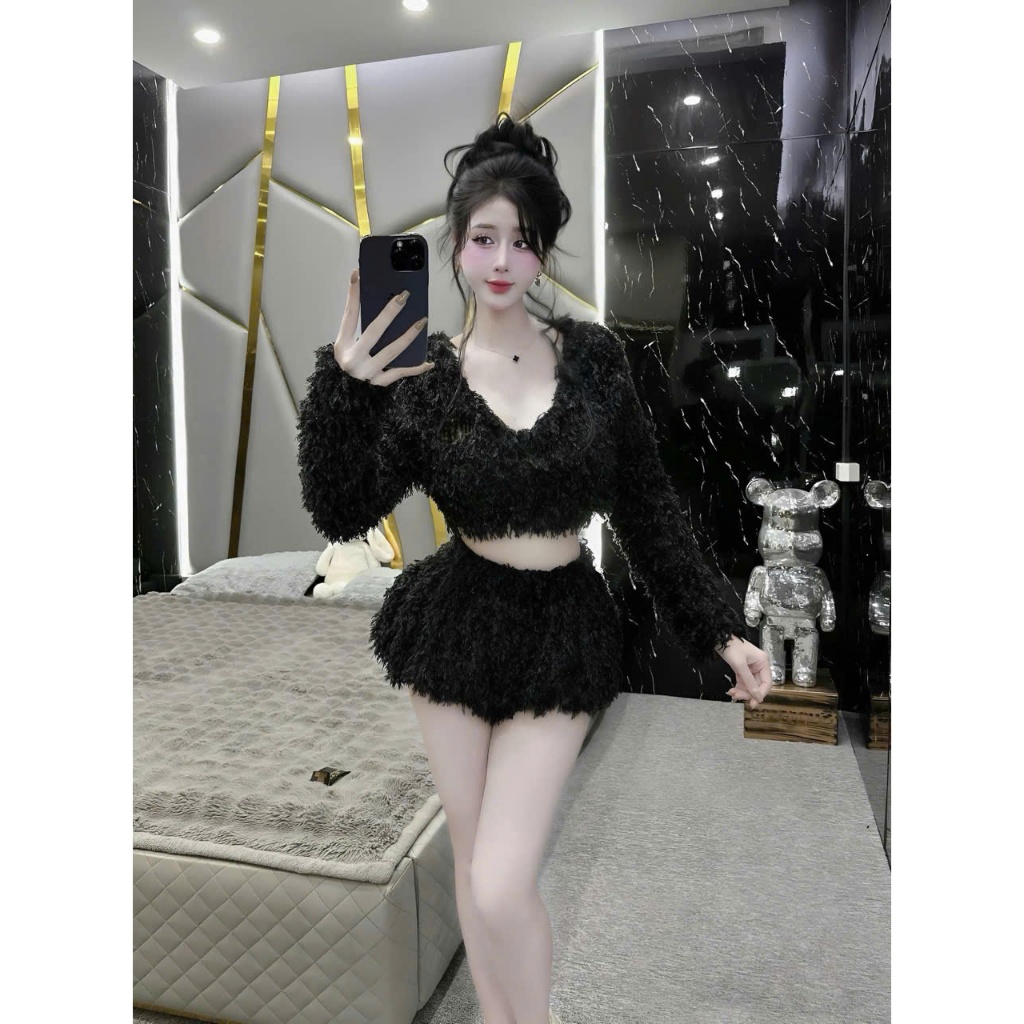 Sét nữ mùa giáng sinh áo lông tay dài cổ tim mix quần bí siu hách dáng chất liệu lông ngỗng mềm mại ấm áp thời trang mới