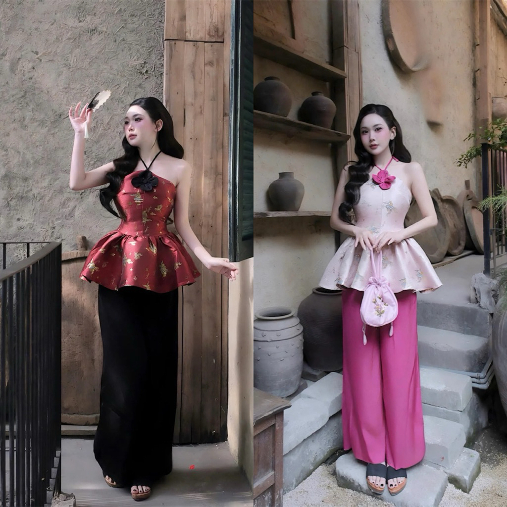 Set Yếm gấm đính hoa dáng peplum kèm quần suông lụa, áo dài Tết 2026