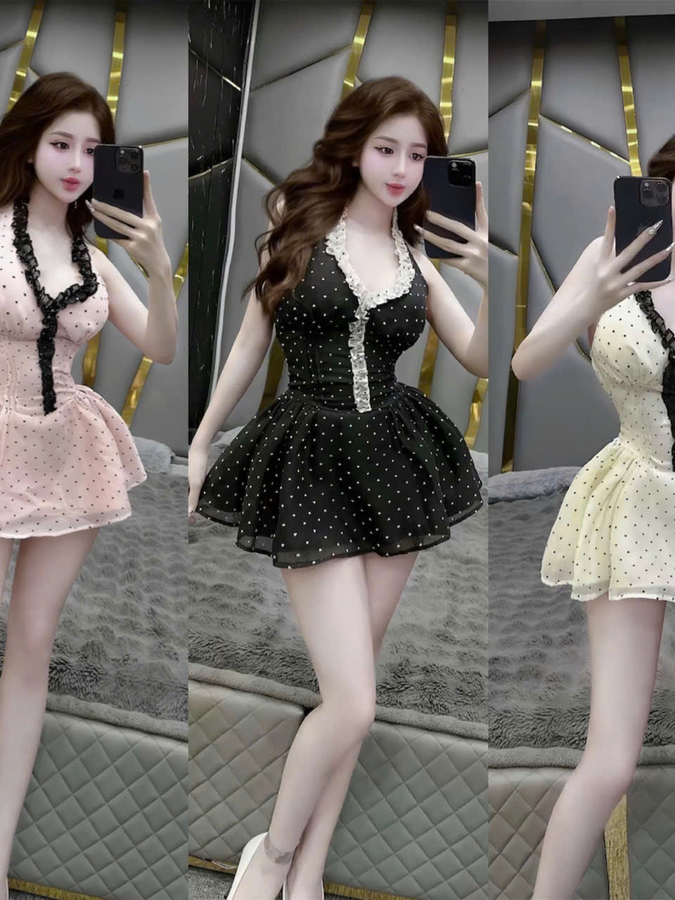 Đầm Yếm Tơ Chấm Bi Xếp Li Eo Dáng Xoè Dây Peplum Kèm Quần Bảo Hộ Chất Liệu Tơ Nến Mềm Mại Thoải Mái