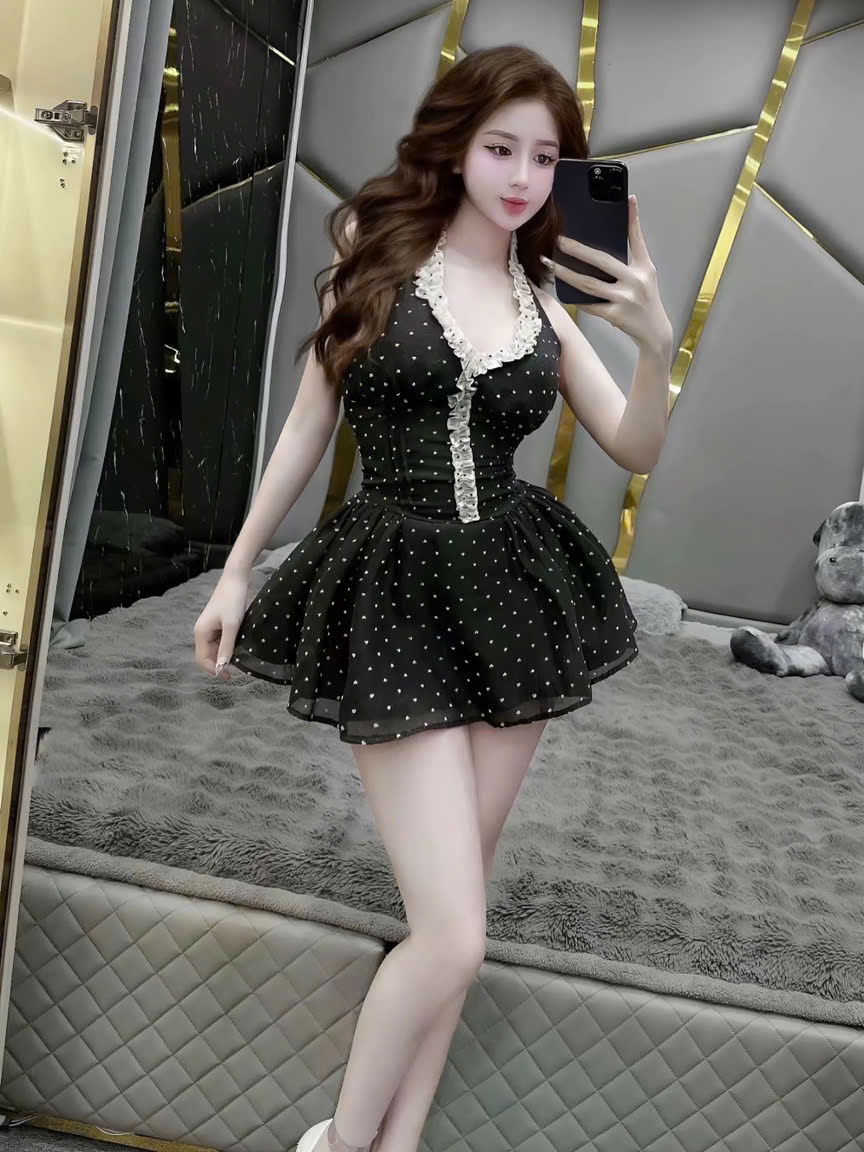 Đầm Yếm Tơ Chấm Bi Xếp Li Eo Dáng Xoè Dây Peplum Kèm Quần Bảo Hộ Chất Liệu Tơ Nến Mềm Mại Thoải Mái