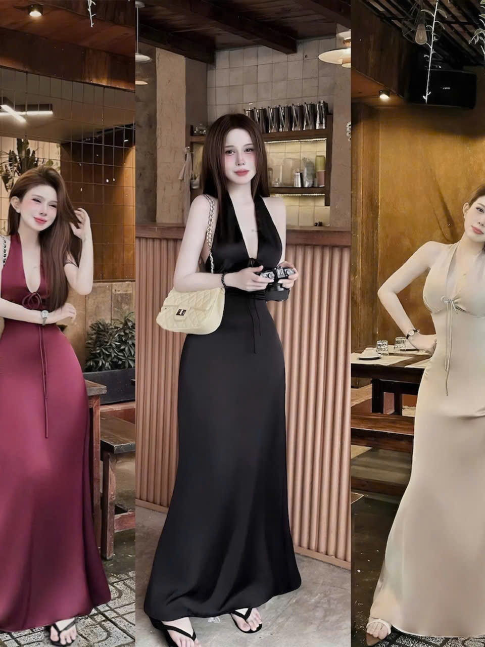 Đầm nữ dáng dài cổ yếm chất lụa tô châu mềm mại tôn dáng cho nàng thanh lịch và tự tin khi mặc