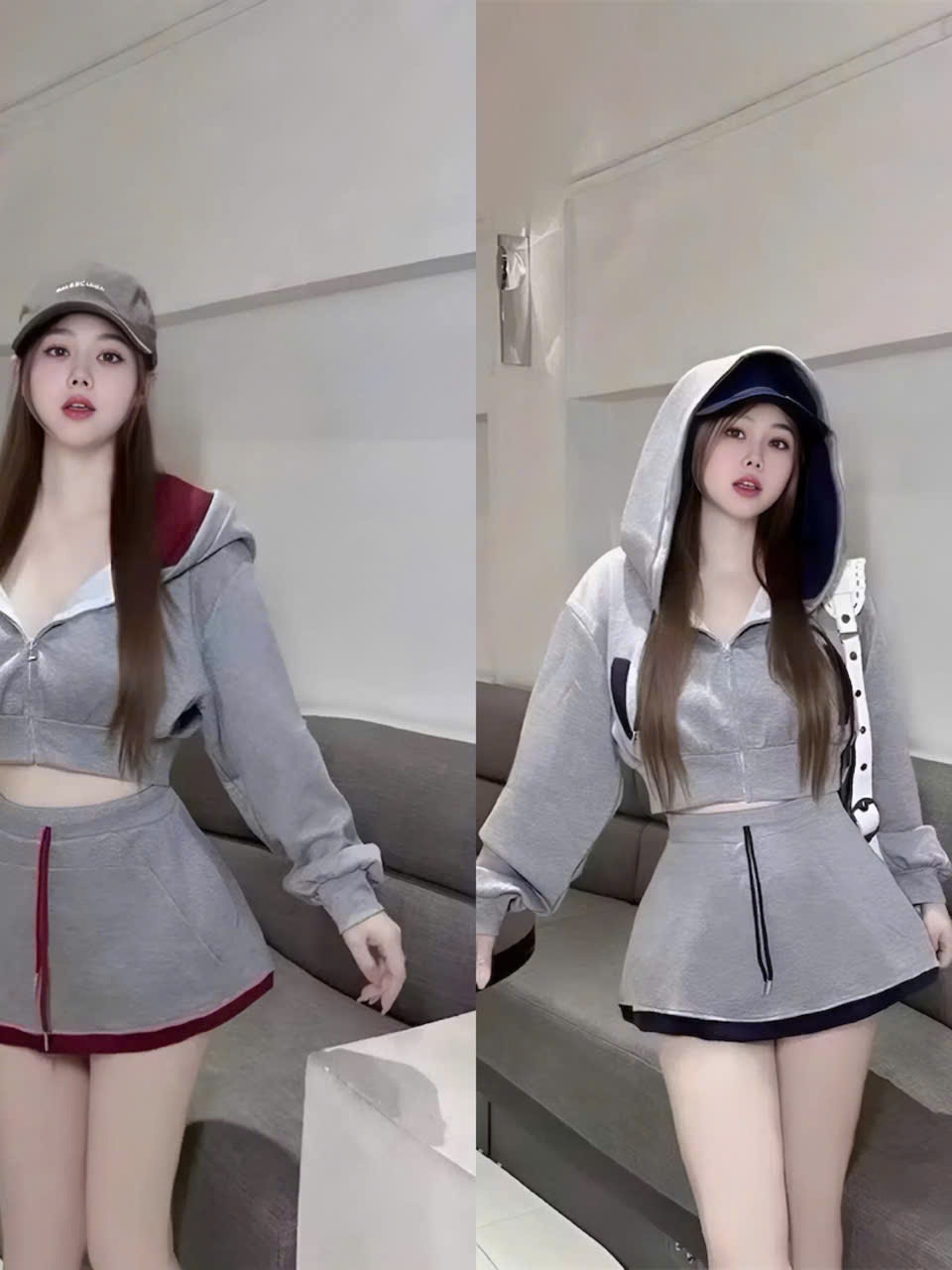Sét bộ nĩ hoodie croptop phối viền kèm chân váy_dáng thể thao đi chơi dạo phố chất liệu da cá thoải mái và mát mẻ