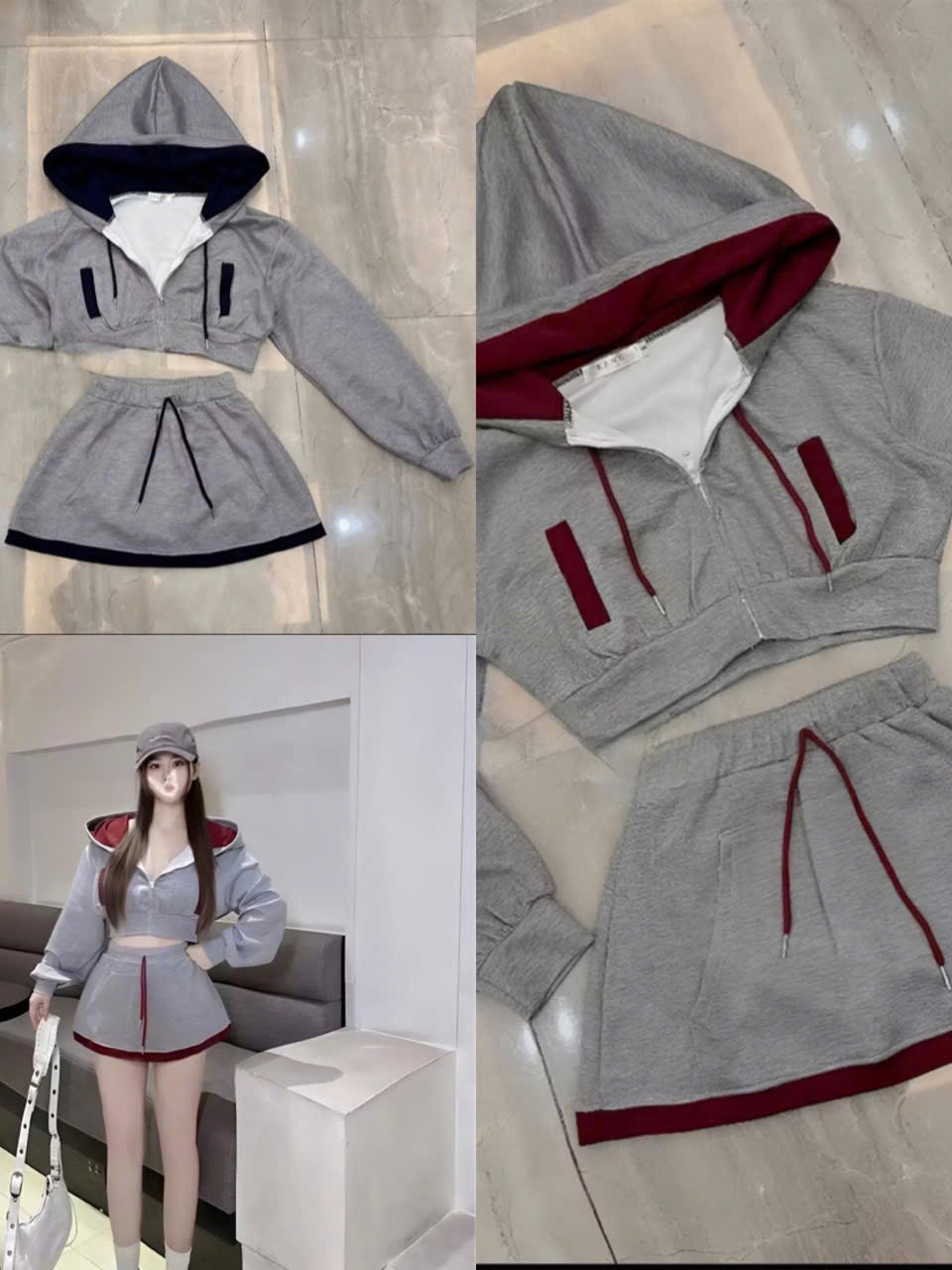 Sét bộ nĩ hoodie croptop phối viền kèm chân váy_dáng thể thao đi chơi dạo phố chất liệu da cá thoải mái và mát mẻ