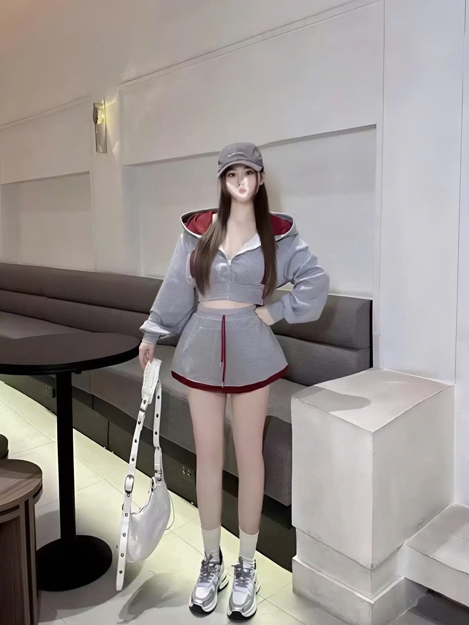 Sét bộ nĩ hoodie croptop phối viền kèm chân váy_dáng thể thao đi chơi dạo phố chất liệu da cá thoải mái và mát mẻ