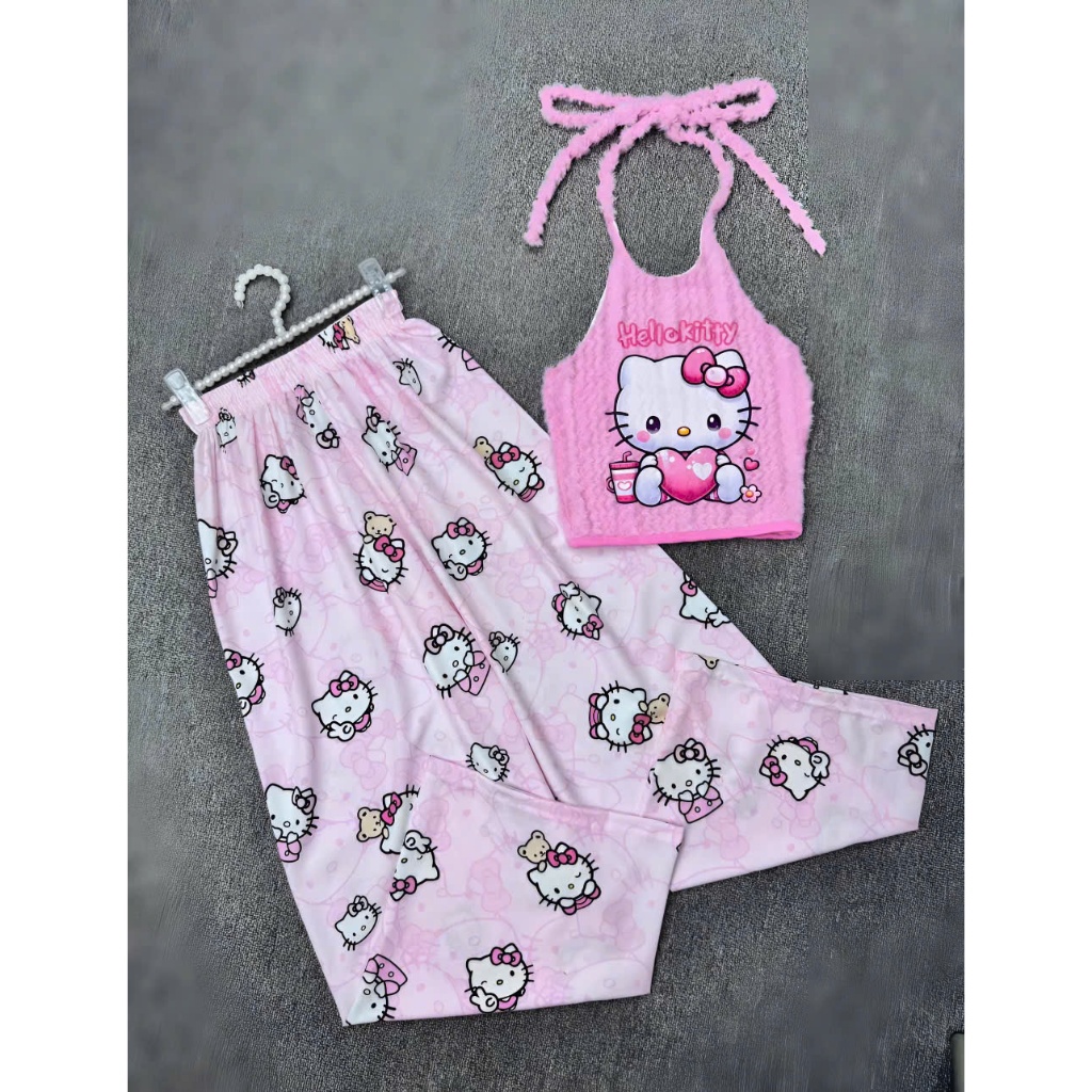 Sét nữ hotrend quần suông ống rộng hoạ tiết lụa áo lông in Hellokitty cổ yếm có mút và lót thời trang thoải mái