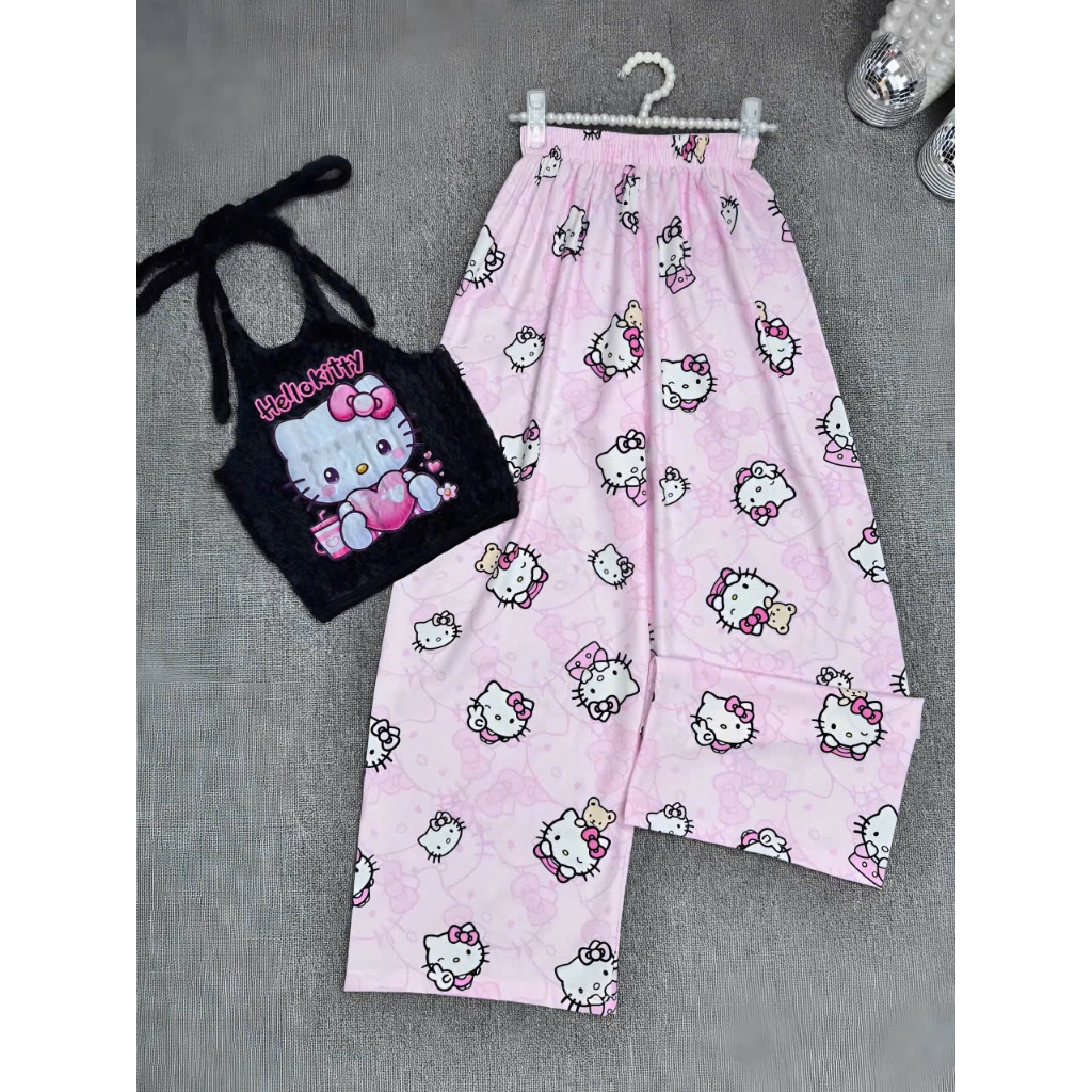 Sét nữ hotrend quần suông ống rộng hoạ tiết lụa áo lông in Hellokitty cổ yếm có mút và lót thời trang thoải mái