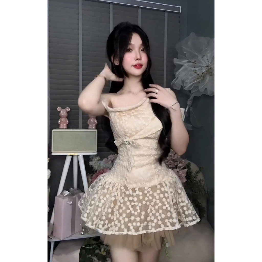 Đầm ren họa tiết hoa nhí, váy trễ vai tiểu thư công chúa đi chơi, đi tiệc