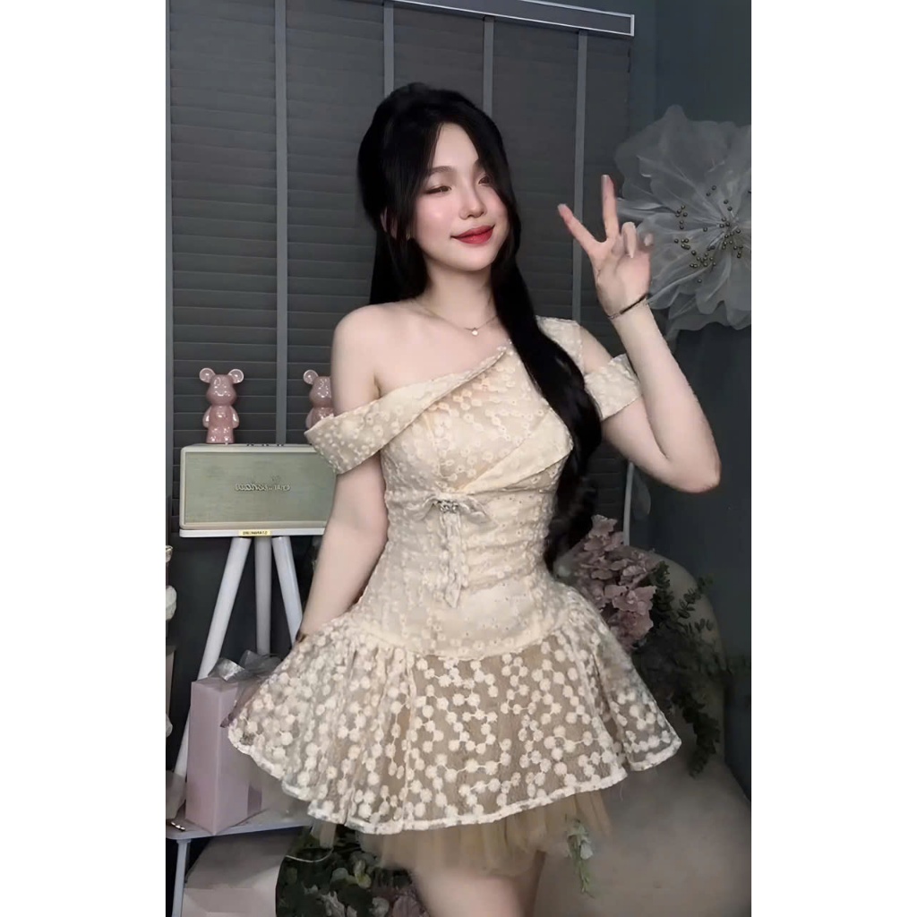 Đầm ren họa tiết hoa nhí, váy trễ vai tiểu thư công chúa đi chơi, đi tiệc