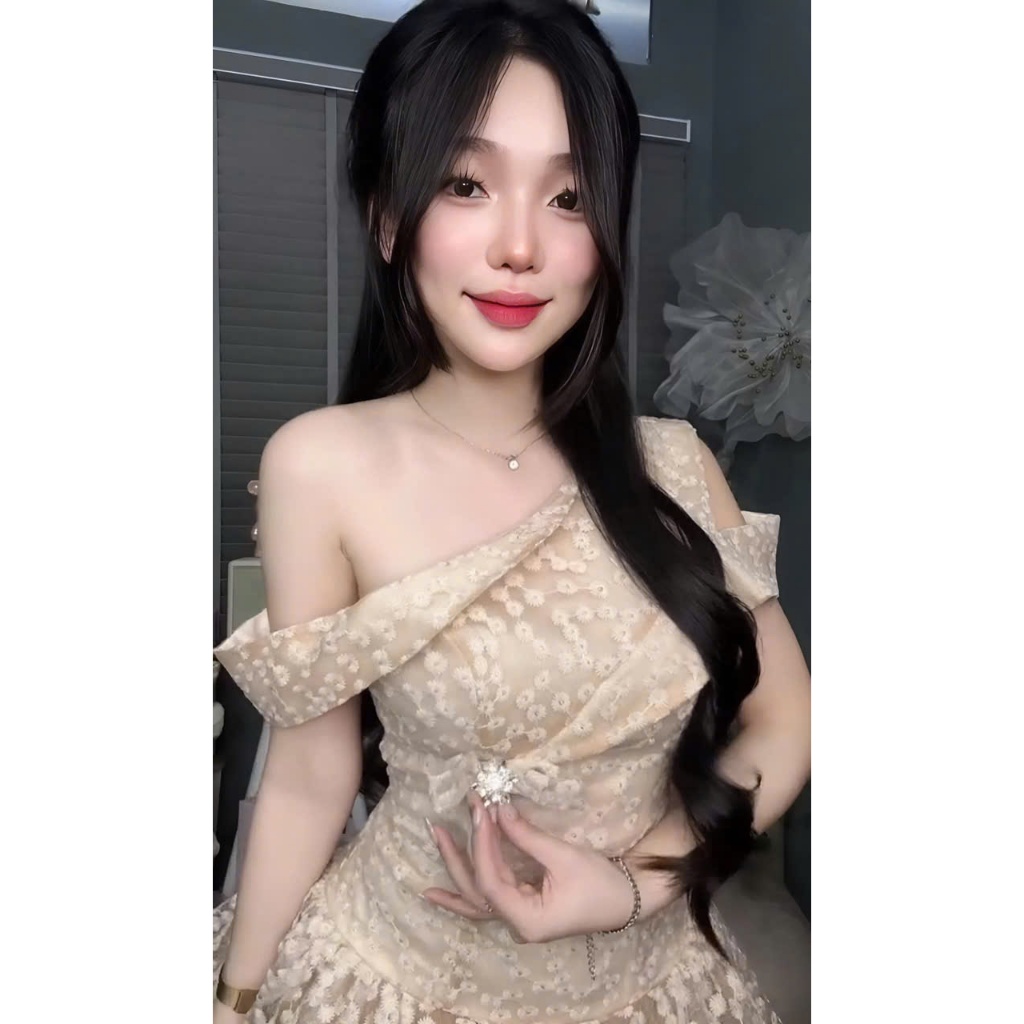 Đầm ren họa tiết hoa nhí, váy trễ vai tiểu thư công chúa đi chơi, đi tiệc