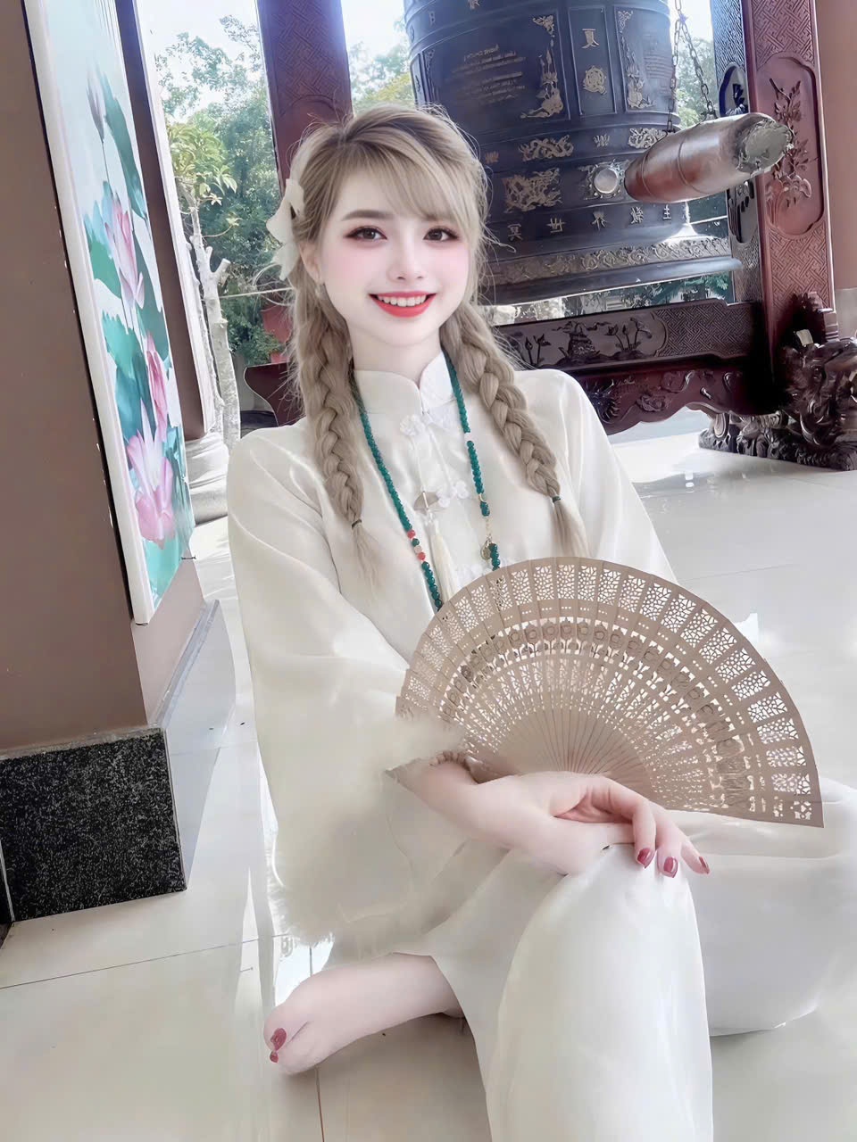 Sét bộ nữ mặc Tết 2026 áo gấm cổ tàu tay dài phối lông quần ống rộng