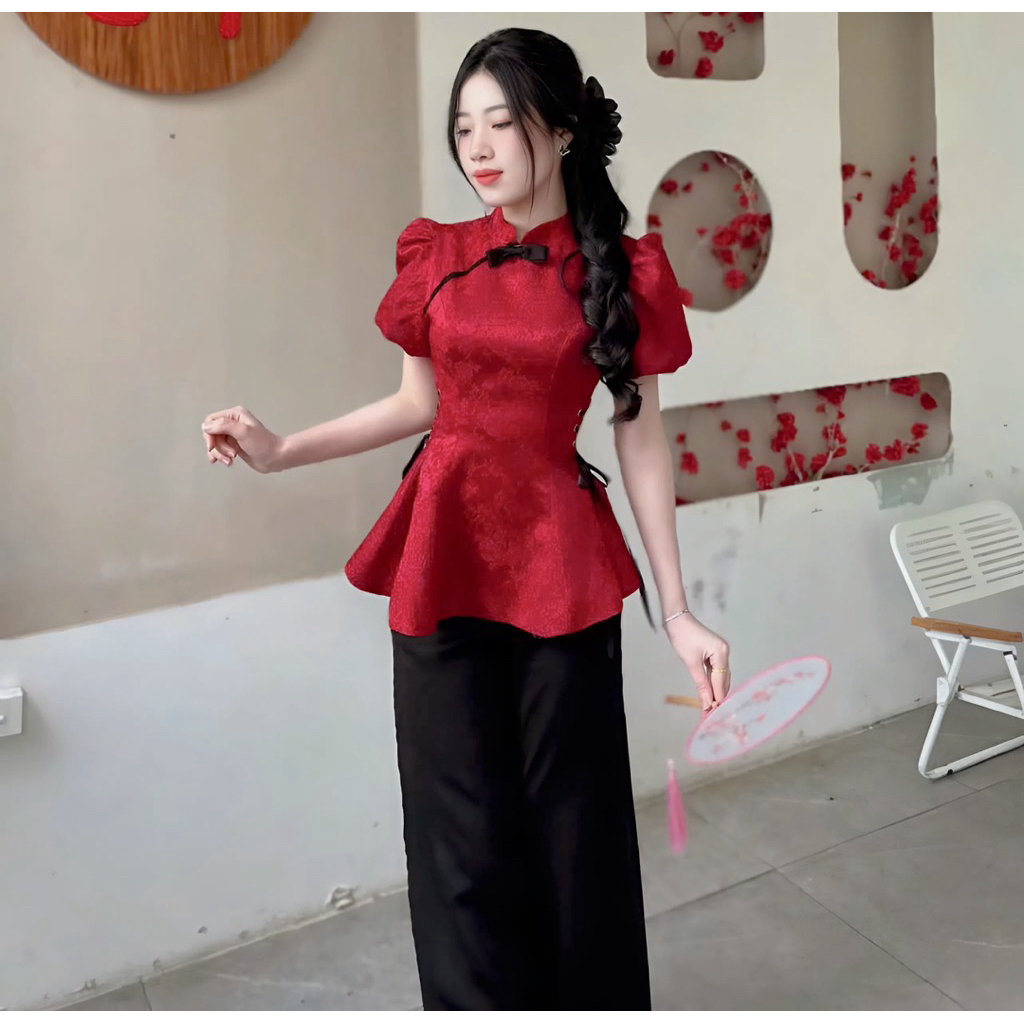 Set áo gấm hoa thêu kèm quần lụa, áo dài Tết sang chảnh