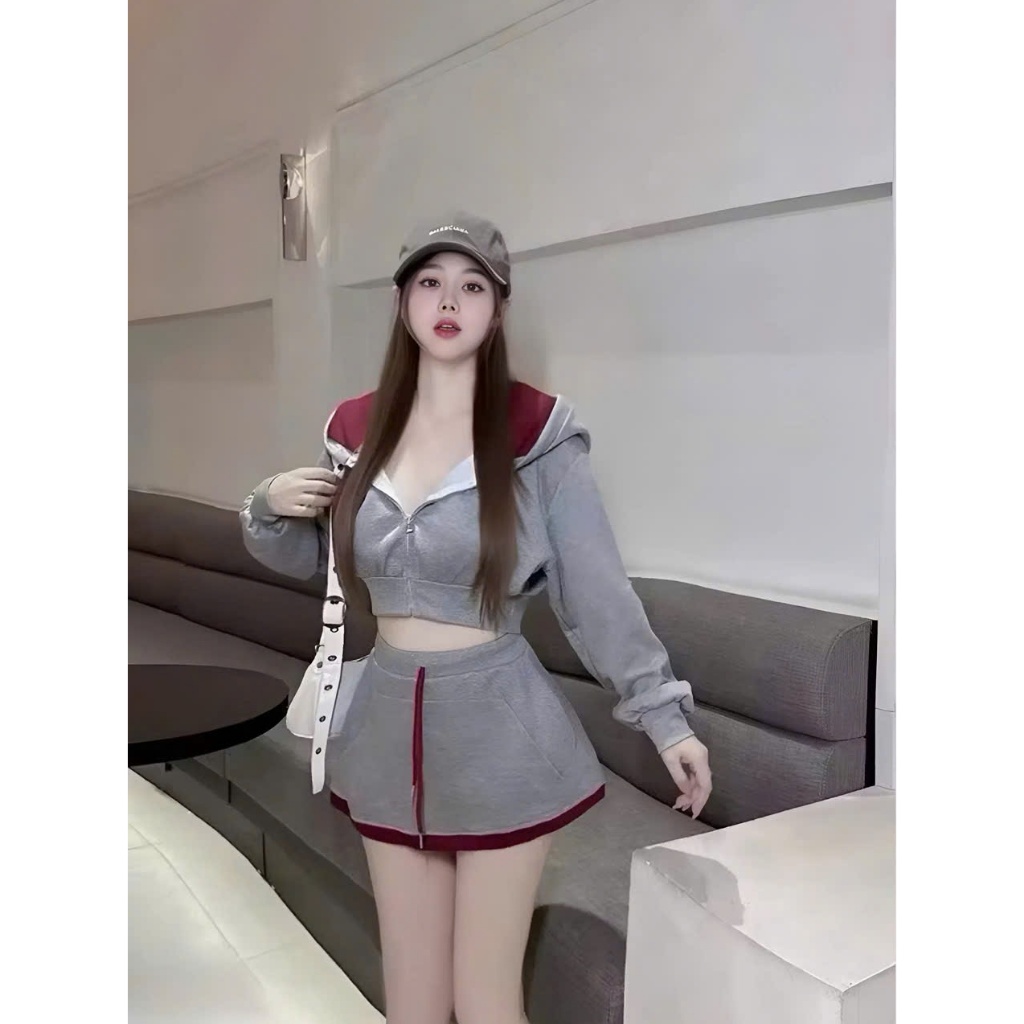 Sét bộ nĩ hoodie croptop phối viền kèm chân váy_dáng thể thao đi chơi dạo phố chất liệu da cá thoải mái và mát mẻ